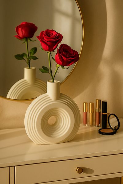 Living Round Ceramic Vase with Elegant Ribbed Texture ,white, 25 cm