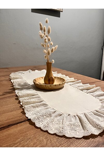 NURGİTA HOME Naturel Ham Keten Fisto Fırfırlı Oval Runner 35x85