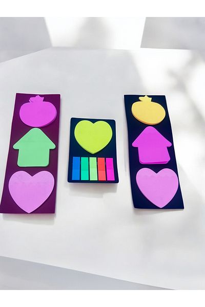 Yenigeldi Postit Colorful Shaped Sticky Note Paper Set – Heart, Arrow, Pomegranate and Colorful Striped Post-It Blocks