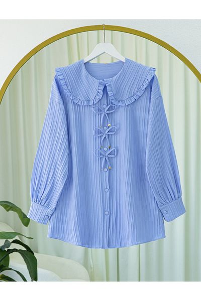 Modamorfo Buttoned Shirt with Ribbon Detail on the Front - Blue
