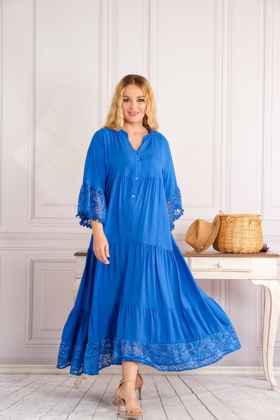 bohostyle Rochie Albastru Lunga Cu Dantela Cu Bust Între 115 Cm Și 130 Cm