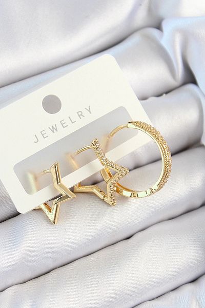 shopwave Brass Zircon Stone Star and Ring Model Gold Color 3-Piece Double Women's Earring Set