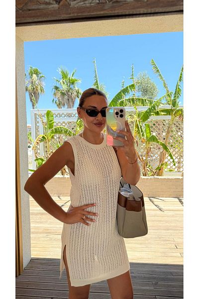 Sezgi Tekin Slit Detail Openwork Ecru Knitwear Dress