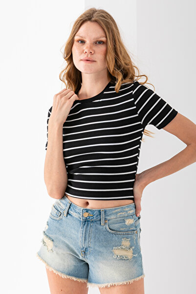 GİYSA Γυναικείο μπλουζάκι με ριγέ βαμβακερό λαιμόκοψη μαύρο λευκό - 25512