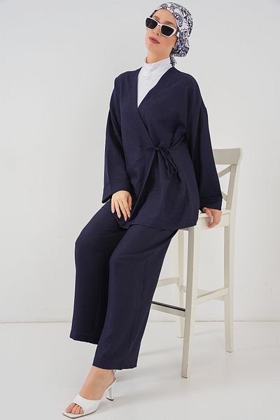 Bigdart Women's Double Breasted Collar Kimono Bottom Top Set 6743 - Navy Blue