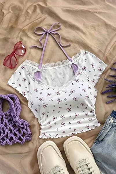 Karakedi Crop cu mânecă scurtă Y2K cu guler Madonna din dantelă liliac