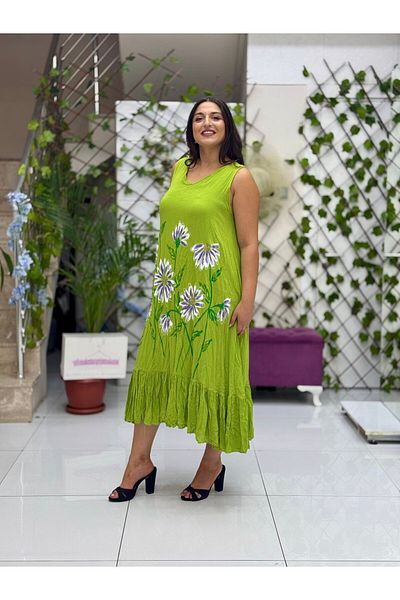 Punta Otantik Vl3040 Sleeveless Floral Printed Voile Dress Green