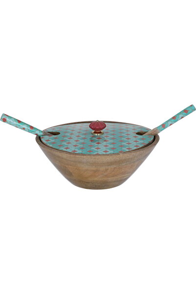 Generic Al Saif Gallery wooden serving bowl, 4.5 x 12 cm, with lid, light gre...