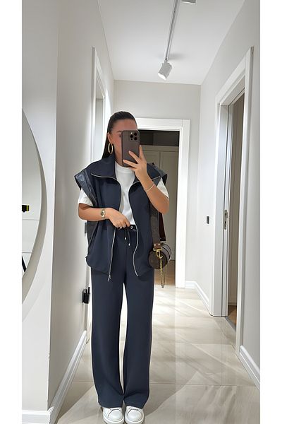TLG GİYİM Women's Vest Pants Suit Waist Elastic Zipper Vest Stylish Bottom-Top Suit