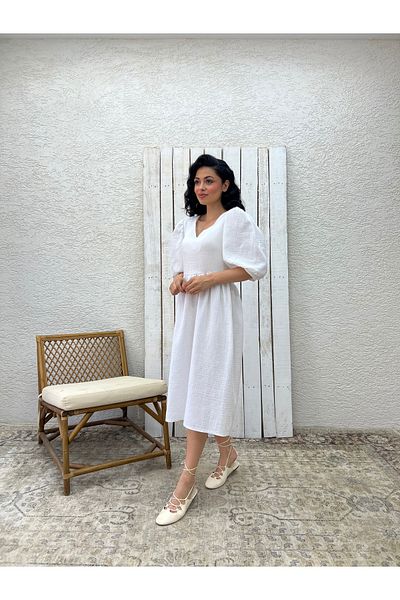 KÜÇÜĞÜM BUTİK White V-Neck Muslin Dress