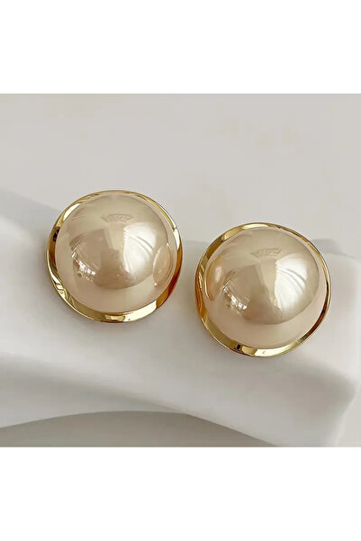 Chic Charms Altın Renk Yuvarlak Üstü Krem Büyük İncili Sabit Küpeler