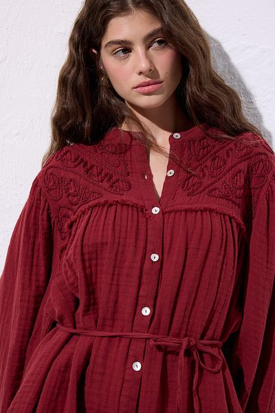 Manuka Muslin Embroidered Shirt Red