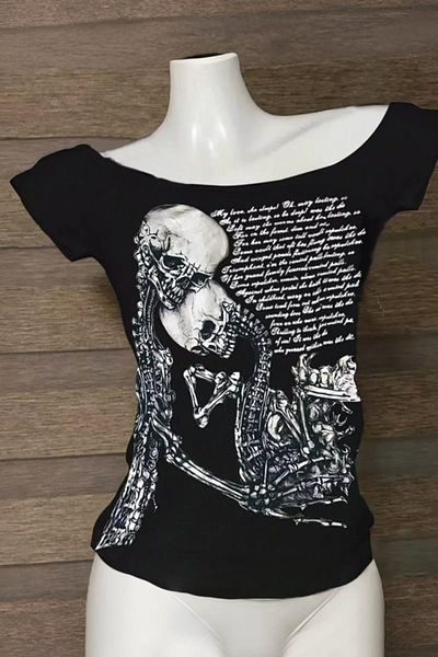 Köstebek Black Skulls Letter Love Body Cyber ​​Grunge Madonna Collar Y2K Short Sleeve Crop