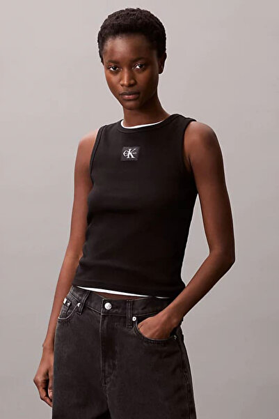 Calvin Klein Kadın Regular Fit Fitilli Dokuma Etiketli T-Shirt - Siyah