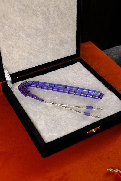 dergah tesbih Silver Design Fire-I Crimping Amber Blue Cut Prayer Beads