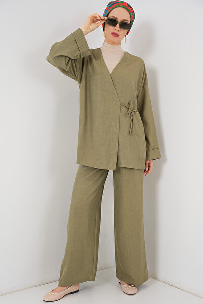 Bigdart Women's Double Breasted Collar Kimono Bottom Top Set 6743 - Khaki