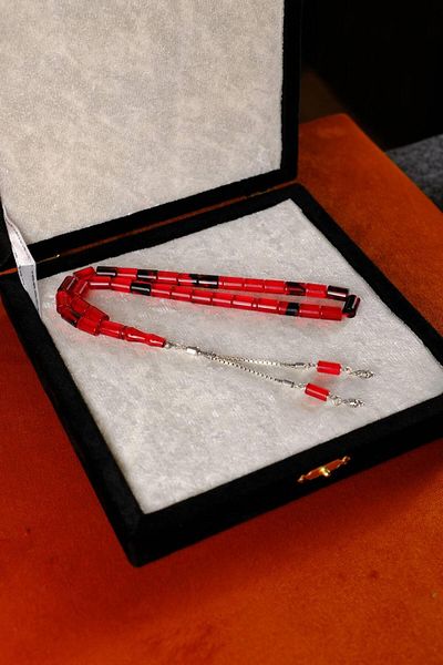dergah tesbih Silver Design Fire-I Crimping Amber Red Moire Cut Me Prayer Beads