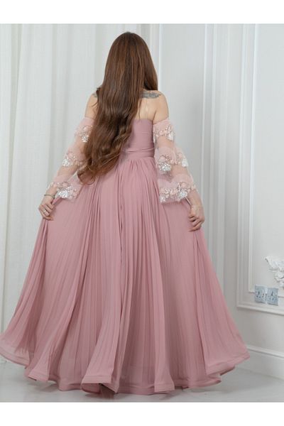 Nice Model Elegant Pink Off-Shoulder Gown with Embroidered Sleeves & Pleated Tulle Skirt - Formal Prom Dress