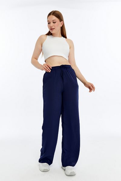 Özge Sibel Navy Blue Linen Blend Loose-Fit Trousers