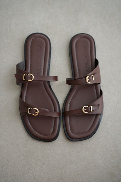 selinshoes Lesya Double Striped Buckle Women's Slippers - Bitter Brown