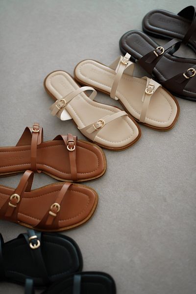 selinshoes Lesya Double Striped Buckle Women's Slippers - Black