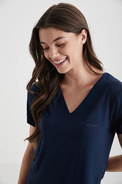 Catherine's Women's Navy Blue Viscose V-Neck Home Wear Set / Pajama Shorts Set C4T3N72