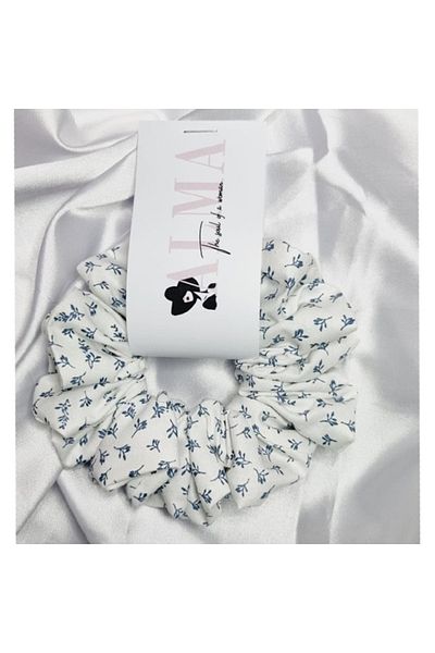 Alma Hair elastic made of cotton, gentle on the hair, White with blue flowers