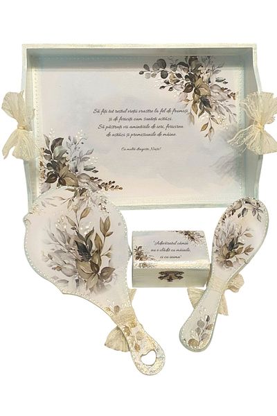 mixartstudio Bridal Cooking Set – Tray, Mirror, Brush and wedding ring box hand-decorated with leaves, eucalyptus