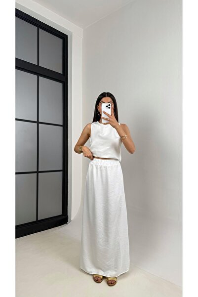 Gaus Beyaz Sıfır Kol Beli Lastikli Üst Etek İkili İthal Kumaş Takım Gaus00585