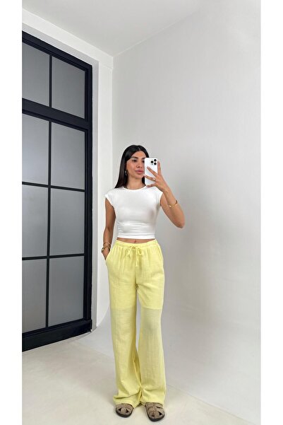 Gaus Yellow Elastic Waist Muslin Trousers Gaus00586
