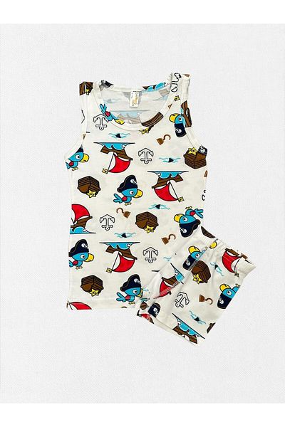 elmas kids Boys' 100% Cotton White Color Captain Parrot Patterned Network Part Stitched Undershirt Boxer Set