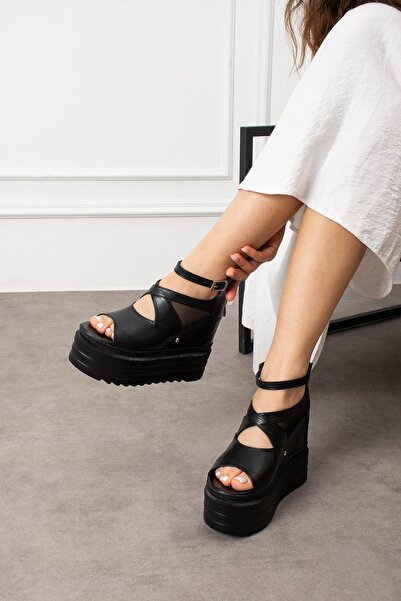 Modanizm Melan Black Wedge Heeled Sandals