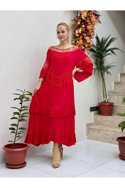 Punta Otantik Vl12008 Collar Detail Voile Dress Red