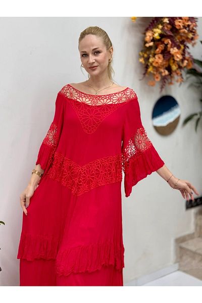 Punta Otantik Vl12008 Collar Detail Voile Dress Red