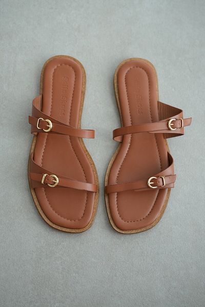 selinshoes Lesya Double Striped Buckle Women's Slippers - Taba