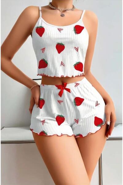 A normal Tekstil White Strawberry Patterned Suspender Shorts Pajama Set