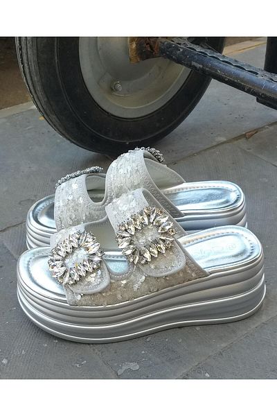 Guja 25Y405-2 Women's High Sole Stone Double Tape Velcro Adjustable Slippers