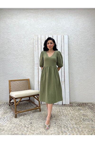 KÜÇÜĞÜM BUTİK Φόρεμα μουσελίνας με λαιμόκοψη χακί πράσινο