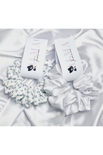 Alma Set 2 XL Hair Elastics from Silky Satin and Delicate Cotton, White and White with Blue Flowers, Alma