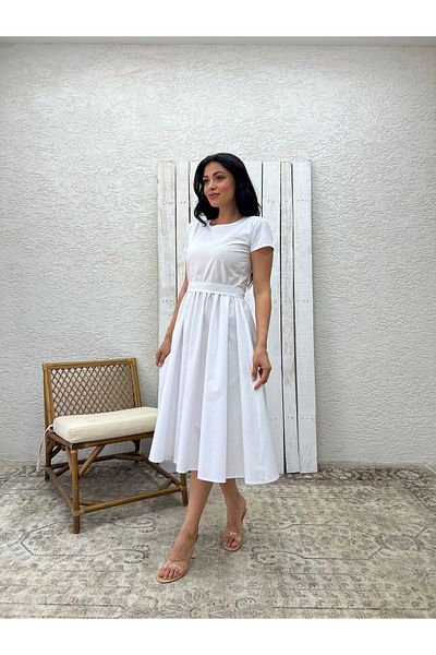 KÜÇÜĞÜM BUTİK Crew Neck White Poplin Flared Gathered Dress