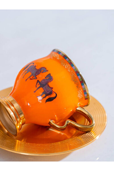 ACAR TURUNCU ATLI METAL TABAKLI FİNCAN TAKIMI 6 LI