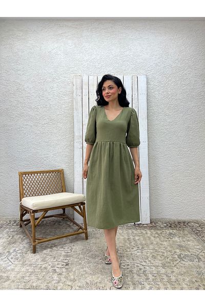 KÜÇÜĞÜM BUTİK Khaki Green V-Neck Muslin Dress