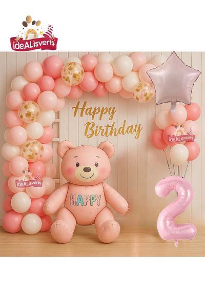 BKMC PARTY Pink Age Teddy Bear Foil Balloon Birthday Party Set Decoration for Girls