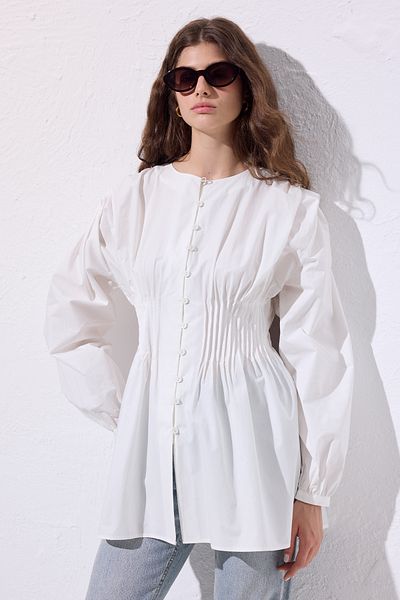 Manuka Beli Pile Detail Long Sleeve Bluz Ecru
