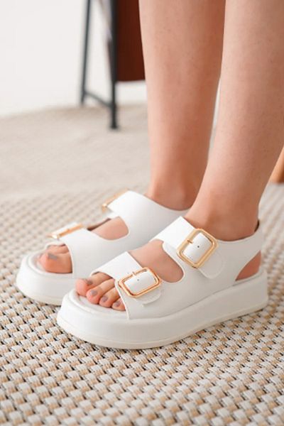 LUXEON Women's White Daily Double Buckle High Sole Comfortable Sandals Buckle Comfortable Stylish Pool Beach Sea Slippers