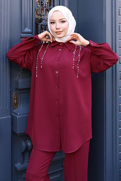 Modamihram Pearl Detailed Suit Claret Red 19259