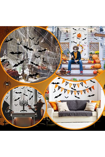 ARANEE Spider web set with 30 spiders and 24 bat stickers ARANEE, artificial cotton, white