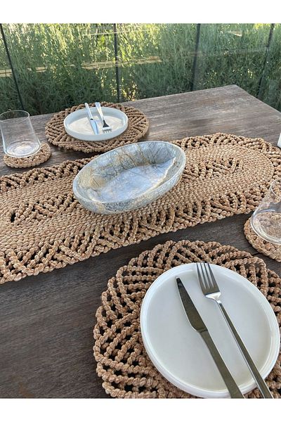 Home Inn Home Textile Tableware Set for 2 People Wicker Look American Service - Runner - Coasters - Stain Resistant Natural