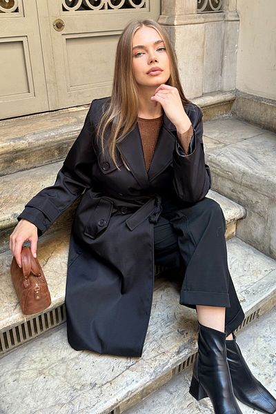 moda armanc Γυναικεία μακριά καμπαρντίνα με διπλό γιακά με δεμένη μέση - Μαύρο 9358
