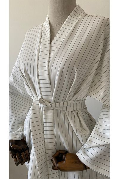 Glowear Atelier Striped White Striped Design Belted Kimono